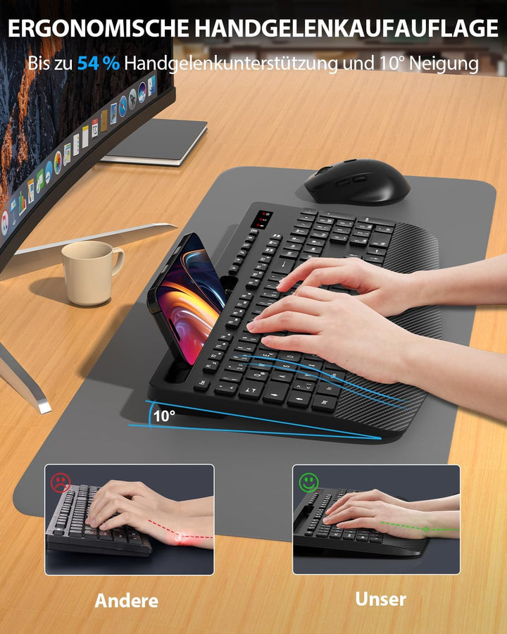 Tastatur Maus Set kabellos, Handballenauflage, Telefonhalter, Akku im Lieferumfang enthalten, 2.4G k