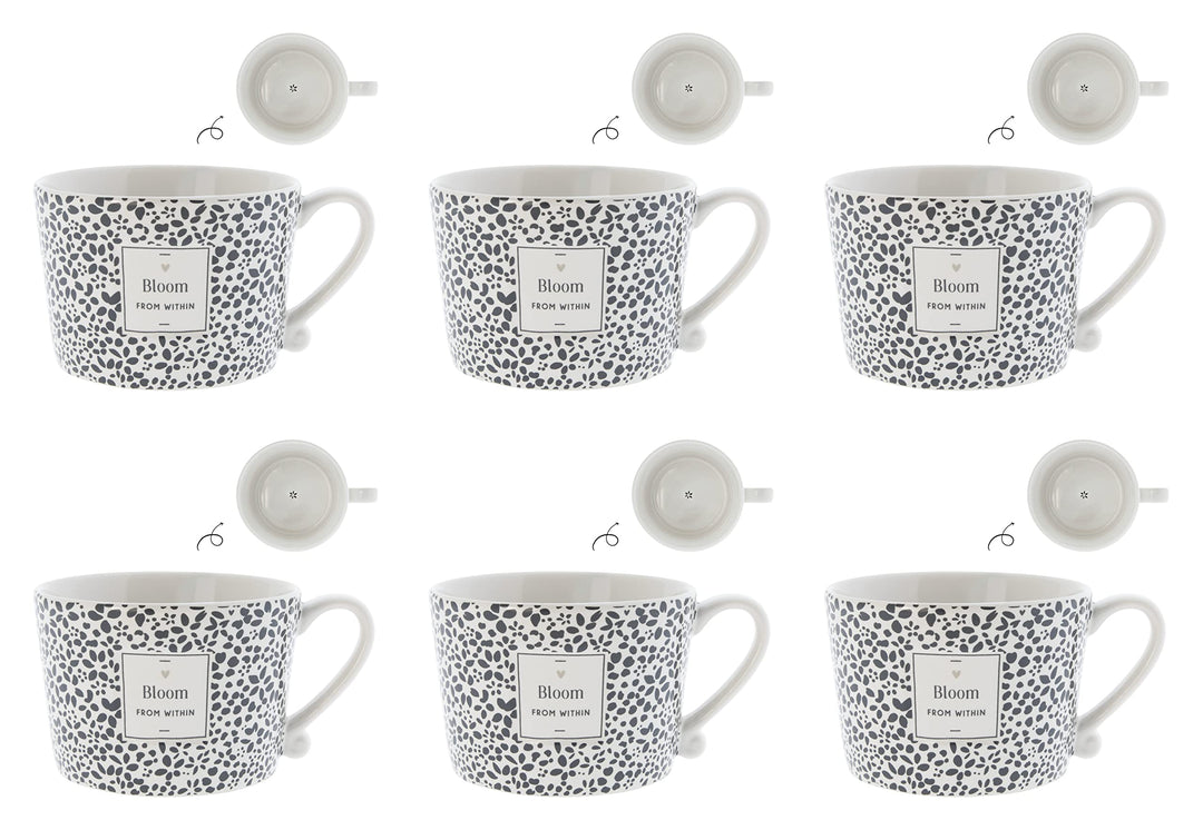 Bastion Collections 6er Set Tassen, Becher BLOOM weiss mit schwarzem Blumenmuster