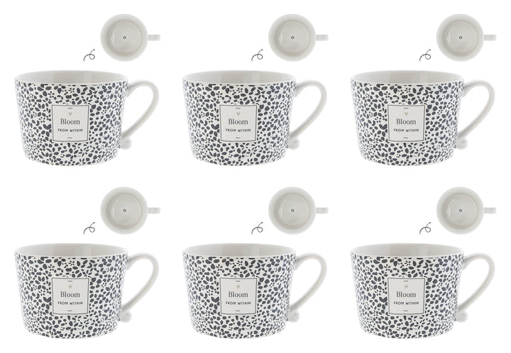 Bastion Collections 6er Set Tassen, Becher BLOOM weiss mit schwarzem Blumenmuster