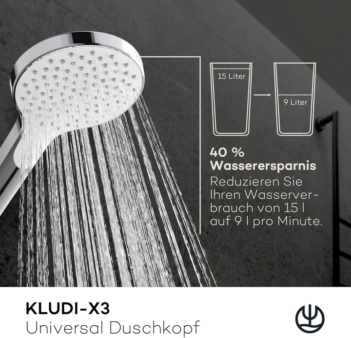 KLUDI-X3 Universal Duschkopf wassersparend als Option, Duschbrause mit 1 Strahlart, reinigungsfreund