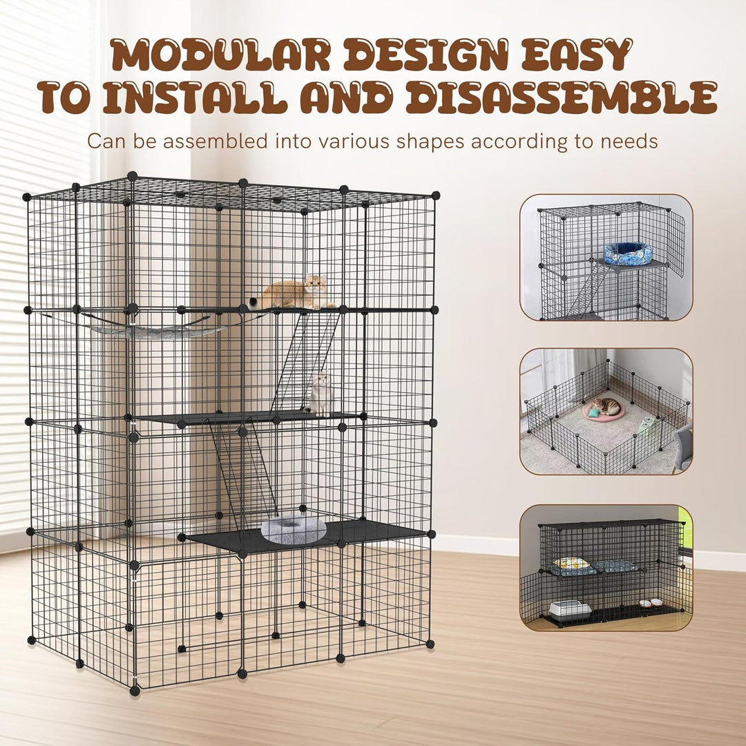 Aufun Grosser Katzenkäfig 4 Ebene aus Metall mit 2 Leitern DIY Katzenlaufstall Zusammenklappbarer Ka