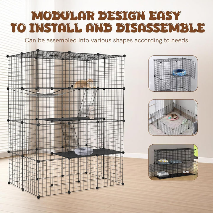 Aufun Grosser Katzenkäfig 4 Ebene aus Metall mit 2 Leitern DIY Katzenlaufstall Zusammenklappbarer Ka
