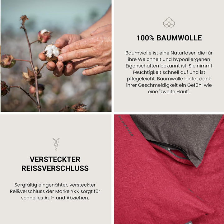 Schiesser Wendebettwäsche Doubleface Rot-Anthrazit, 100% Baumwolle, Grösse:135 x 200 cm + 80 x 80 cm