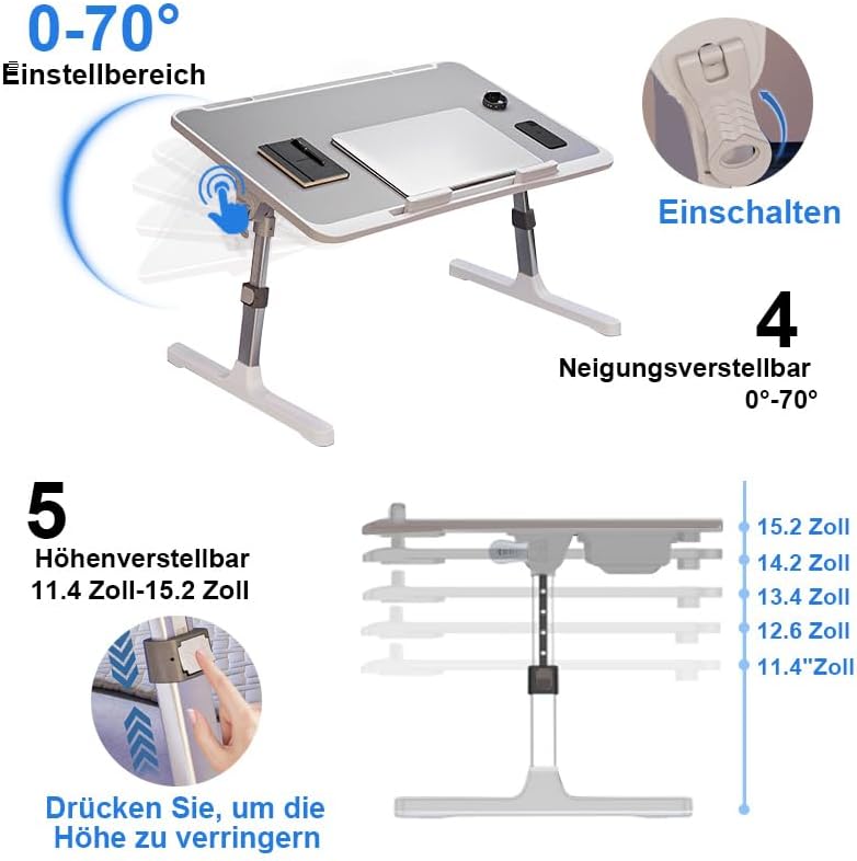 Laptoptisch fürs Bett, 5-Höhenverstellbar, Winkelverstellbar, Betttisch Klappbar mit Laptop Kühler,