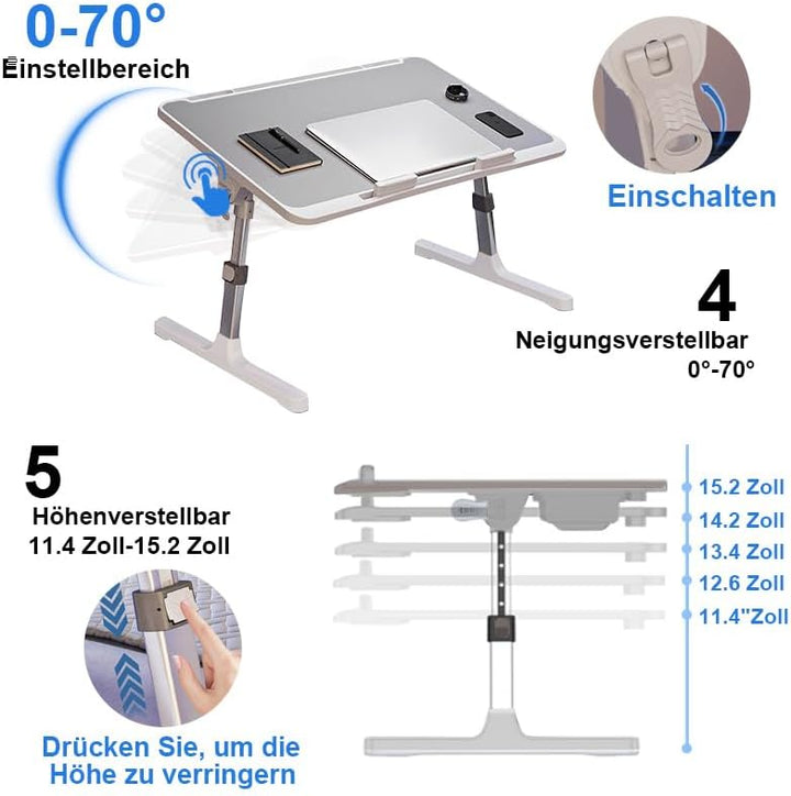 Laptoptisch fürs Bett, 5-Höhenverstellbar, Winkelverstellbar, Betttisch Klappbar mit Laptop Kühler,