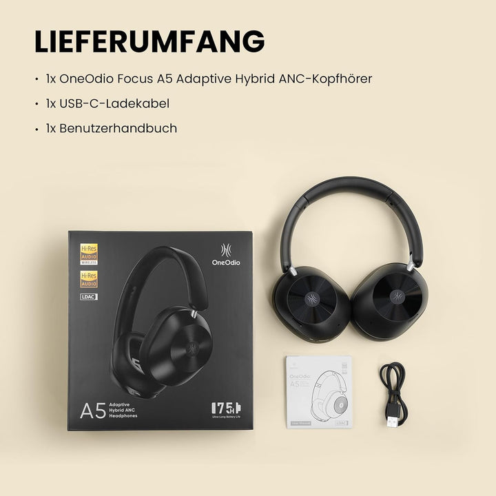 OneOdio A5 Over Ear Kopfhörer Kabellos Bluetooth, Hybrid Aktive Noise Cancelling, Hi-Res LDAC Audio,