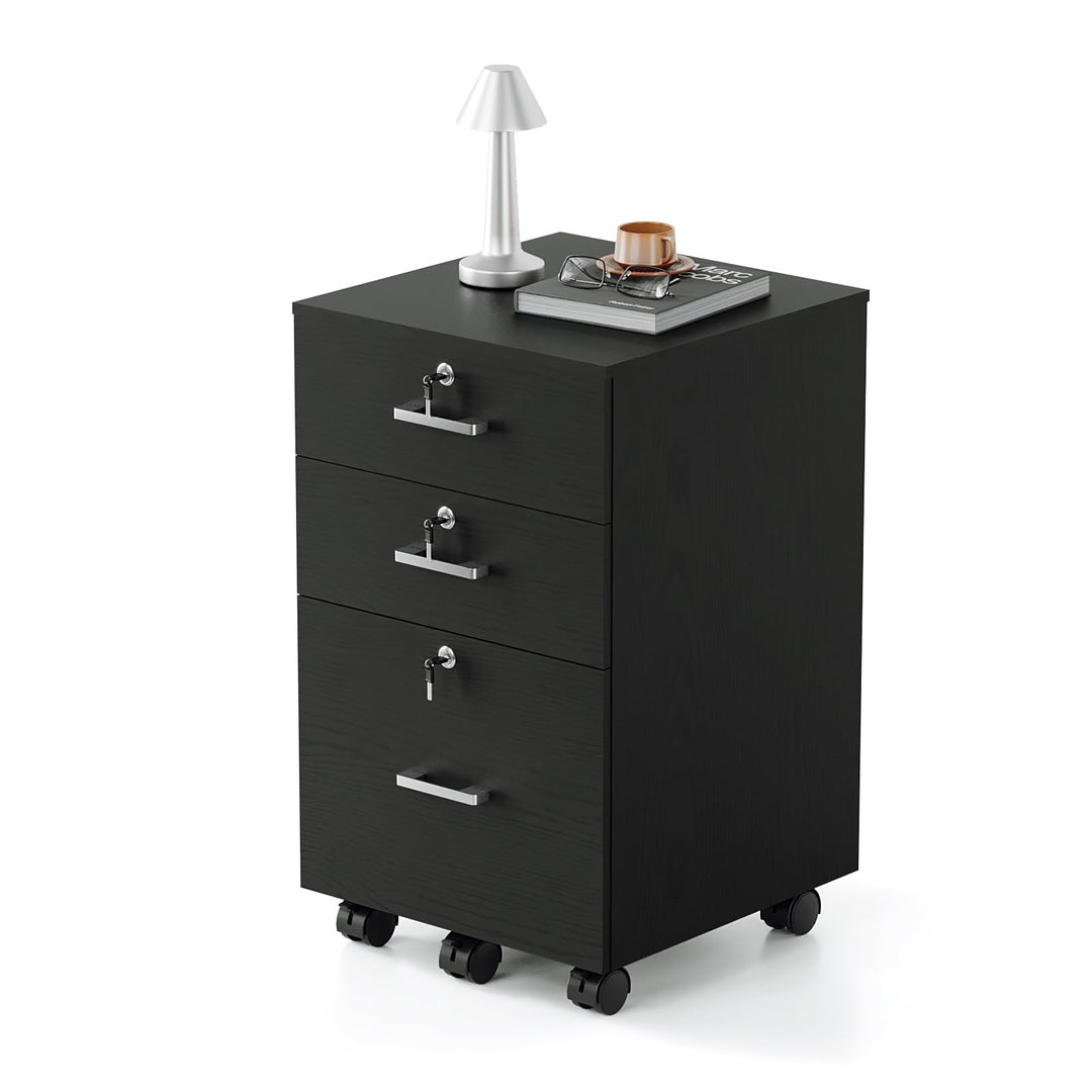 Bonnlo mobiler Aktenschrank 3 Schubladen für Büro,Homeoffice, schwarz,Holz, Schwarz
