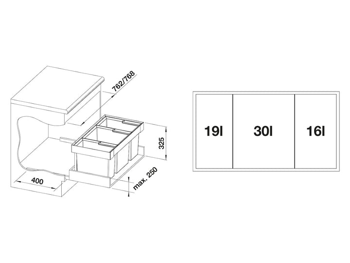 BLANCO FLEXON II low 80/3 | Abfall Müllsystem | für 80 cm breite Unterschränke | System zum Einbau i