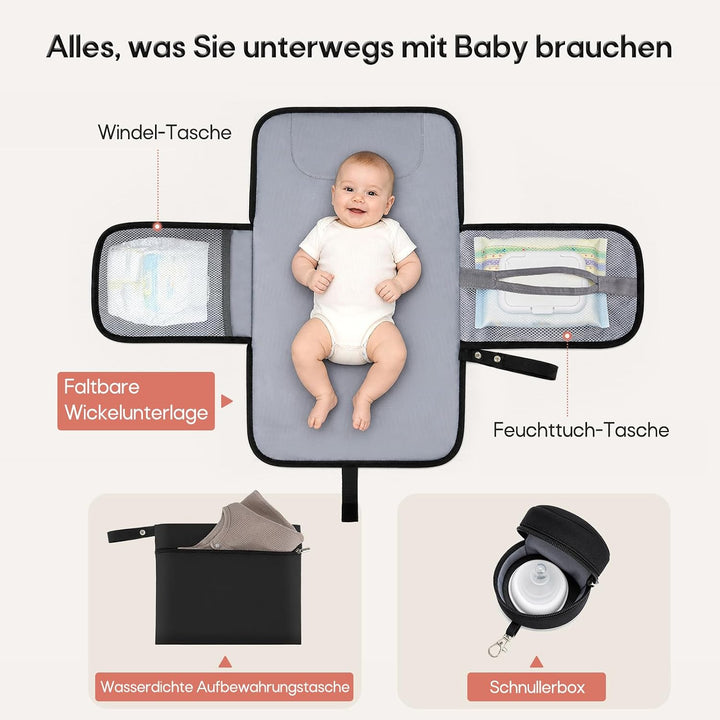 RAINSMORE Wickelrucksack Gross Baby Wickeltasche mit Wickelunterlage Schwarz | Wasserdichte Wickelta