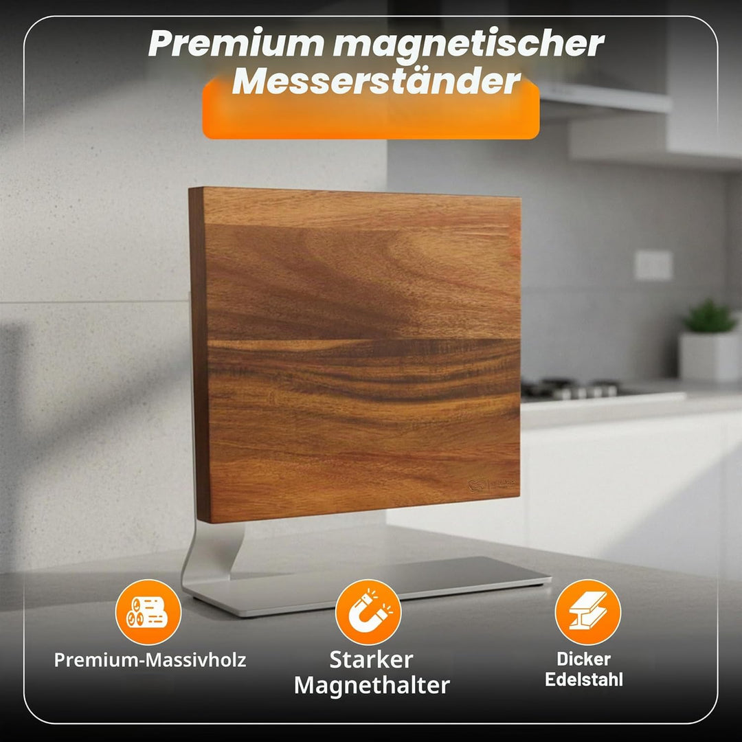 Magnetischer Messerblock aus Akazienholz mit Edelstahlbasis – Edles Design Messerhalter für bis zu 8