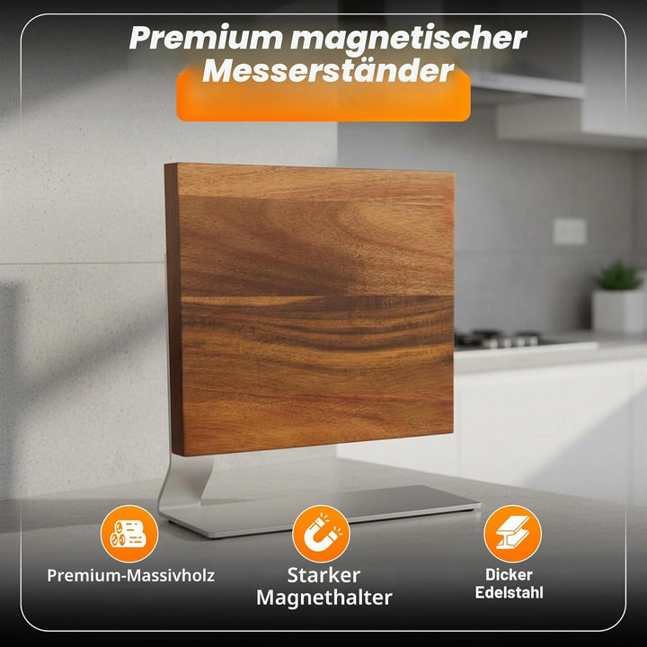 Magnetischer Messerblock aus Akazienholz mit Edelstahlbasis – Edles Design Messerhalter für bis zu 8