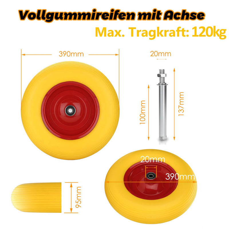 Ansobea Schubkarrenrad mit Achse - Reifen mit Stahlfelge - 4.80/4.00-8 - Durchmesser 390 mm - Ersatz