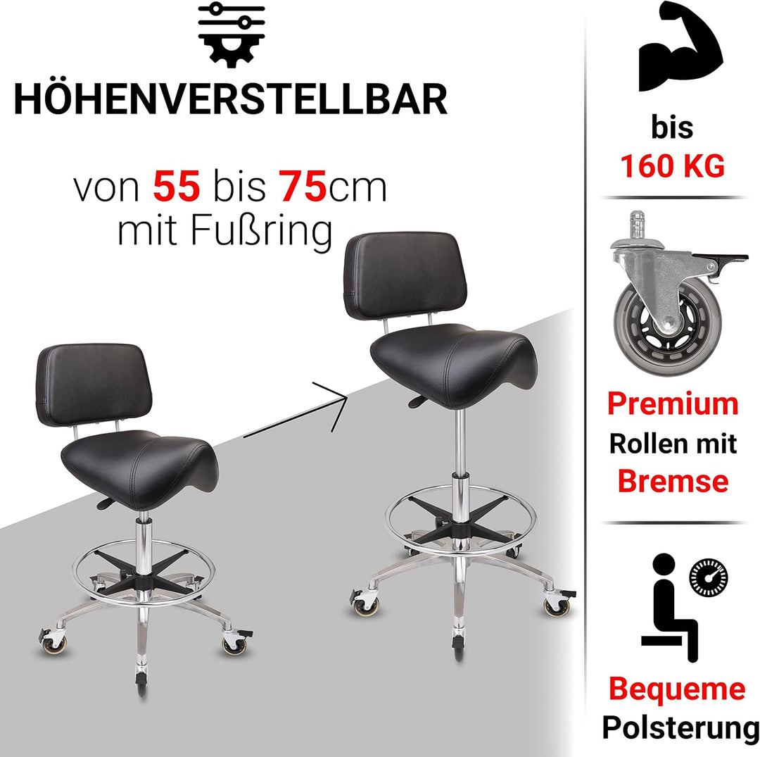 Staboos Rollhocker bis 160 kg - Premium Sattel Sitz mit Lehne und Bremse - Praxishocker (Premium Rol