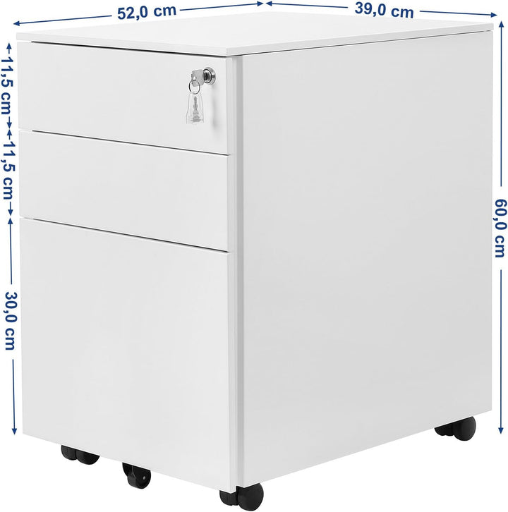 SONGMICS Rollcontainer, unter Schreibtisch, mit 3 Schublade, vormontiert, abschliessbarer Büroschran