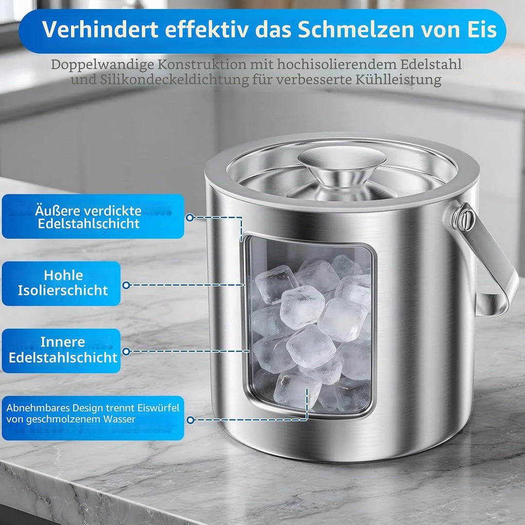 Eiswürfelbehälter Edelstahl 3L Doppelwandig, Eiskübel Set mit Deckel Eisschaufel und Zange, Perfekt