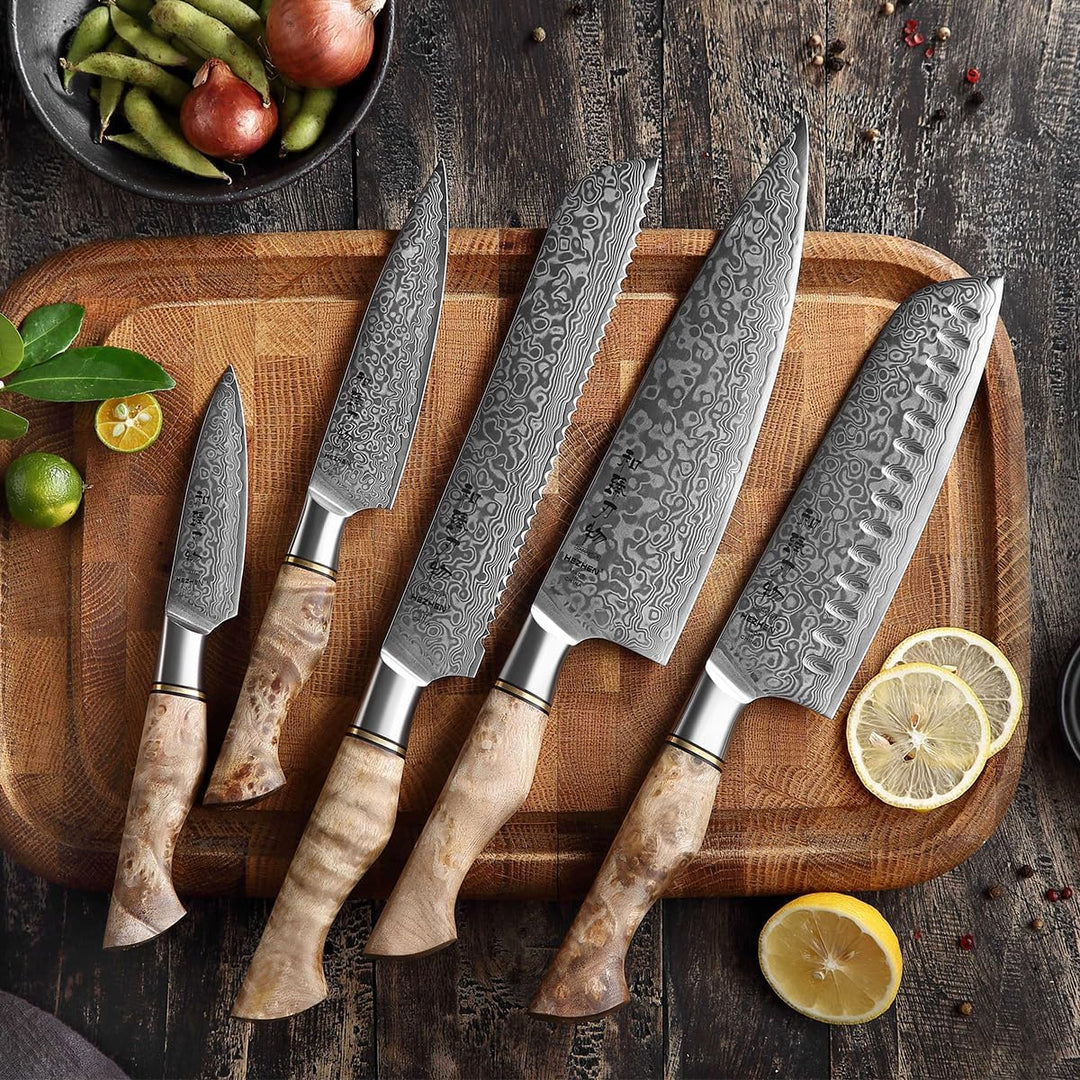 HEZHEN Damast Messer Set 5PCS, Japanischen Stil Damaskus Stahl Küchenmesser Santoku, Brot Universalm