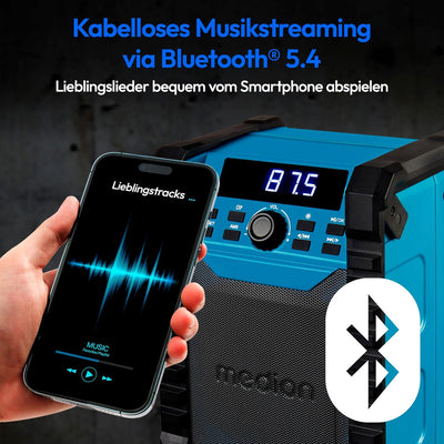 MEDION E65895 Baustellenradio mit Akku (Robustes Gehäuse, Tragegriff, Bluetooth, Spritzwassergeschüt