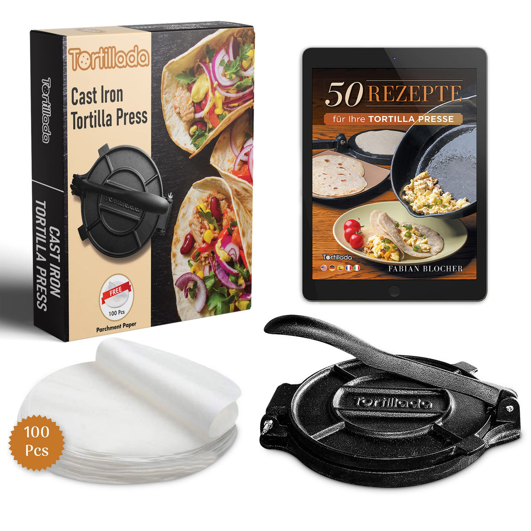 Tortillada – Tortillapresse aus Gusseisen + E-Book mit 50 Tortilla Rezepten + 100 x Pergamentpapier