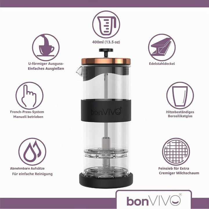 bonVIVO FOMO, Milchaufschäumer Manuell Betrieben, Milchaufschäumer Glas Und Edelstahl, Hand Milchsch