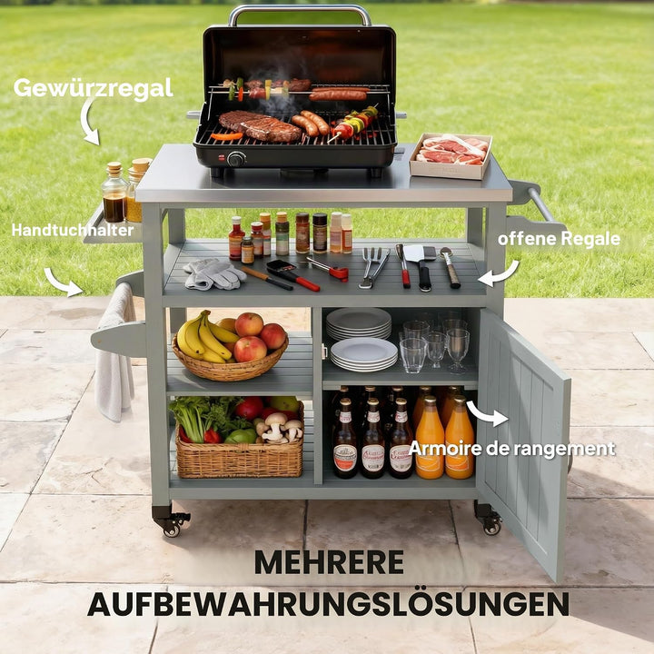 Outsunny Gartenwagen Grillwagen auf Rollen Kücheninsel aus Holz Edelstahlplatte Schrank offene Regal