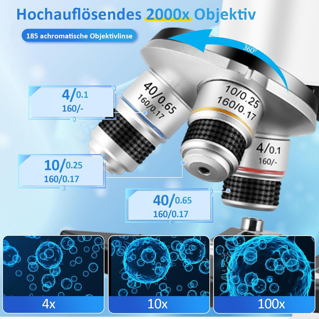 Mikroskop für Kinder, 40 x 2000 x Verbundmikroskop, Handyadapter mit Mikroskop, Gleitmikroskop-Set f