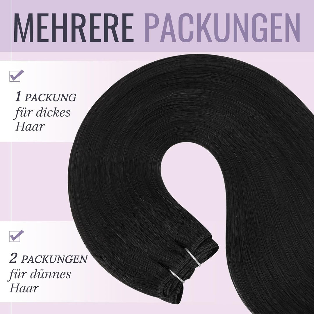 fshine Echthaar Tressen Zum Einnähen Pechschwarz Tressen Echthaar Extensiones 50cm/20zoll 100 Gramm