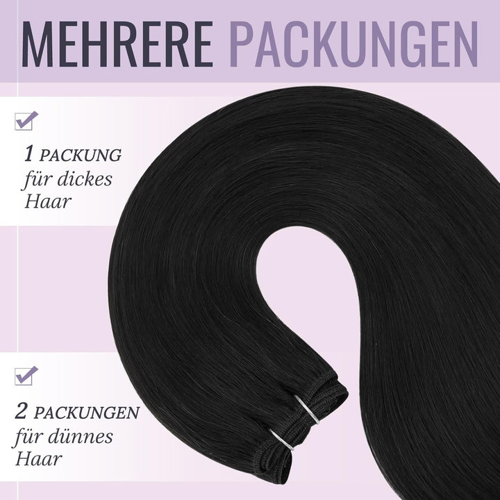fshine Echthaar Tressen Zum Einnähen Pechschwarz Tressen Echthaar Extensiones 50cm/20zoll 100 Gramm