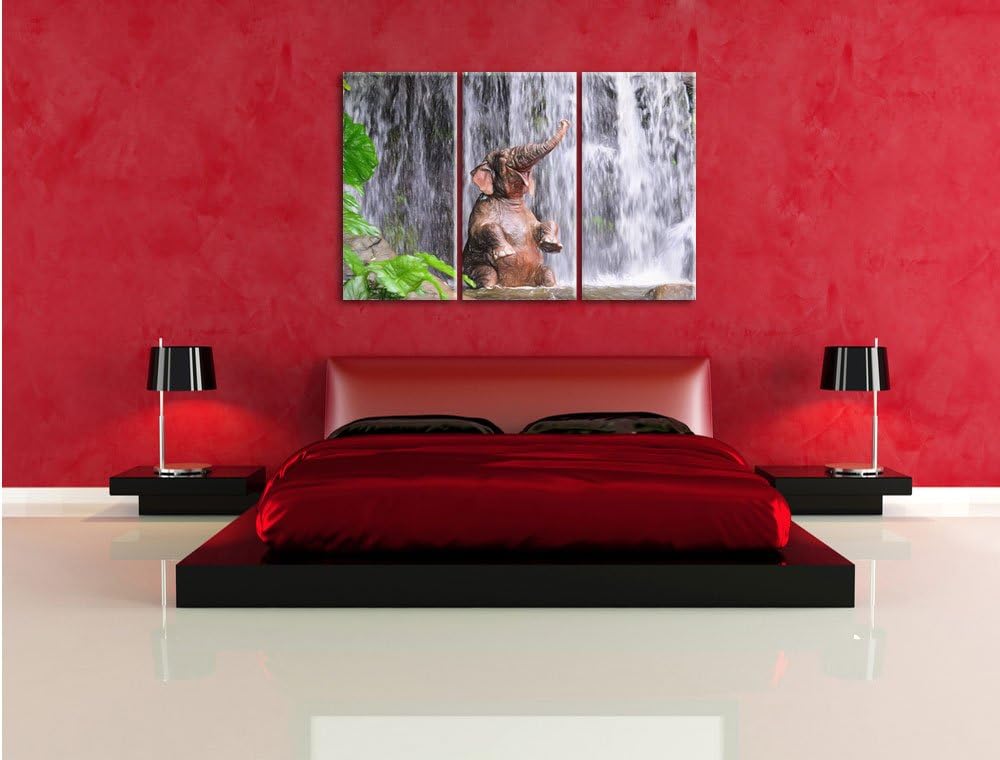 Pixxprint Babyelefant am Wasserfall Kunst Buntstift Effekt 3-Teiler Leinwandbild 120x80 Bild auf Lei