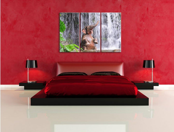Pixxprint Babyelefant am Wasserfall Kunst Buntstift Effekt 3-Teiler Leinwandbild 120x80 Bild auf Lei