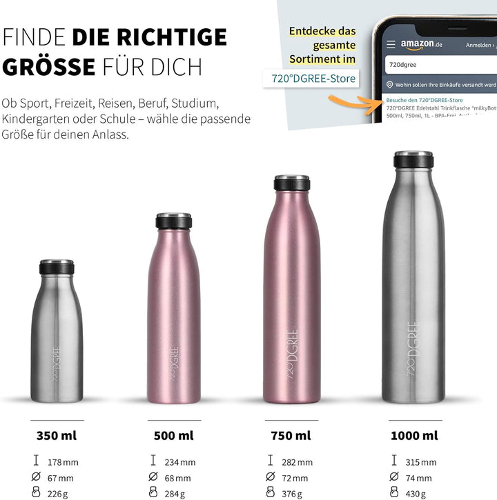 720°DGREE Edelstahl Trinkflasche “milkyBottle” - 500ml - Perfekt für Kinder, BPA-Frei, Auslaufsicher