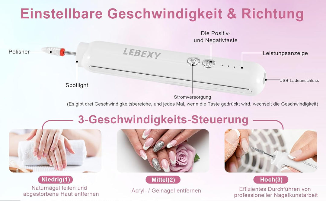 LEBEXY Elektrische Nagelfräser Maniküre Pediküre Kabellos Set | Nagelfeile Fräser Schleifpolierer fü