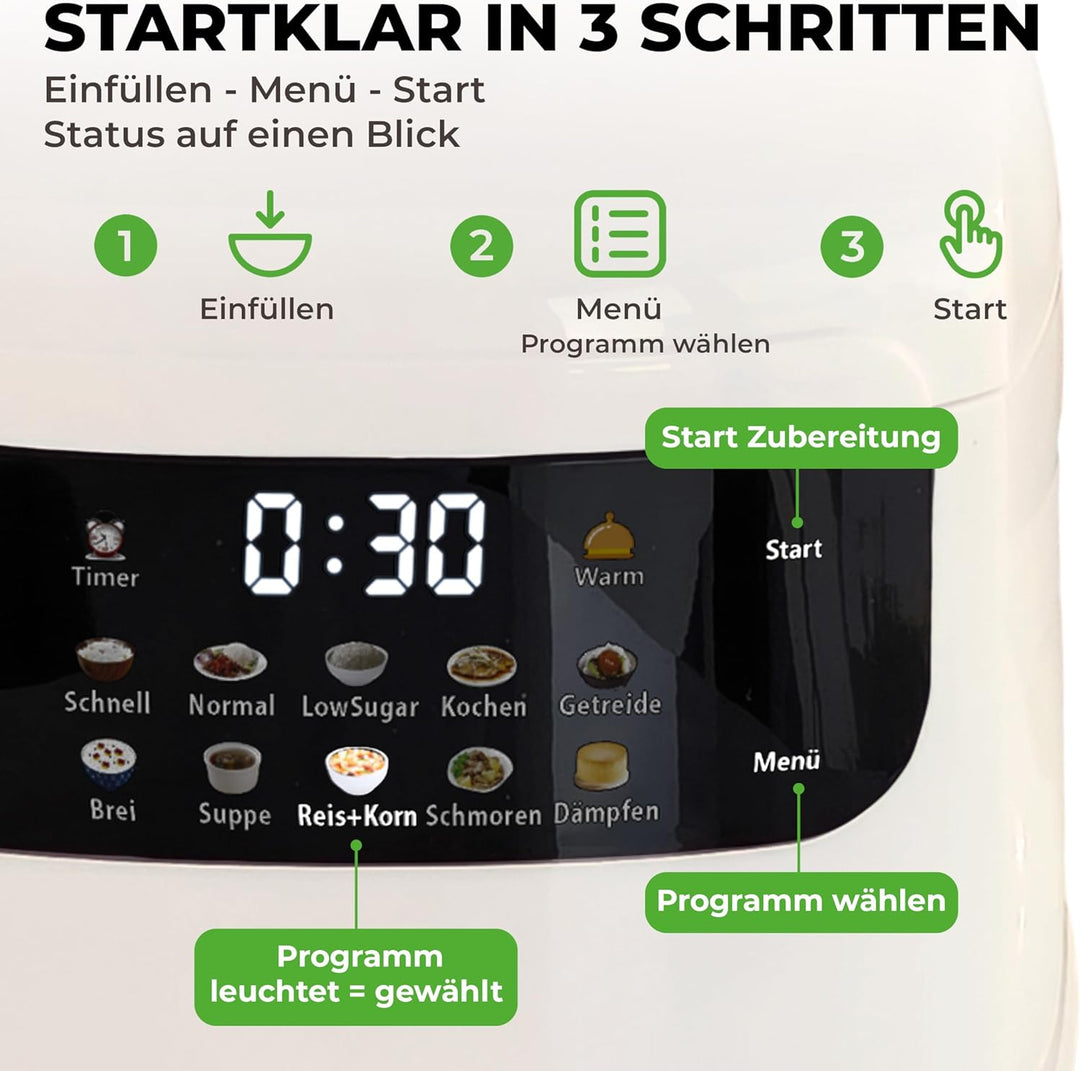 Mini Reiskocher kleiner Multikocher 0,8L 3,5 Cup/1-4 Portionen, 10 Programme für ALLE Reissorten ink