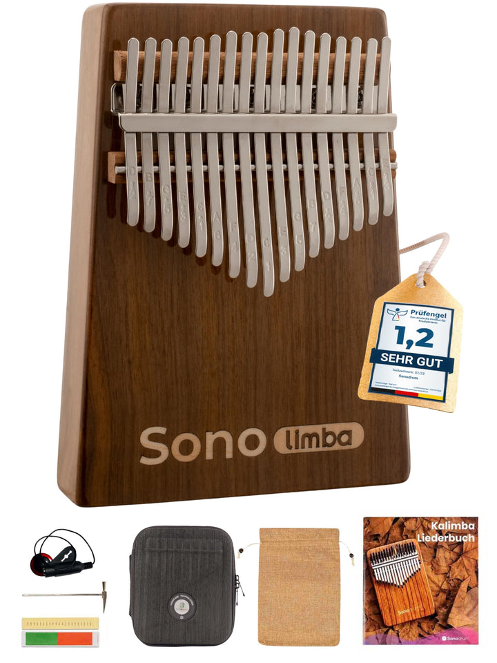 Kalimba "Sonolimba" mit 17 Schlüsseln in C - Dur aus Walnussholz - Daumenklavier inkl. Set mit Liede