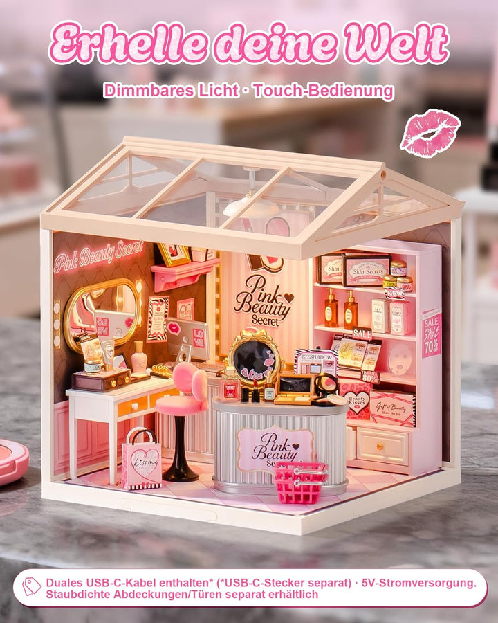Rolife Super Creator Pink Beauty Store, DIY Miniature House mit Licht, Ohne Kleber, Niedliche Miniwe