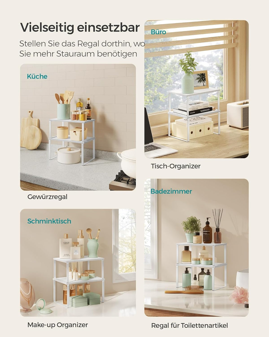 SONGMICS Gewürzregal, 4er Set, Küchenregal, Küchen-Organizer, erweiterbar, Gewürzhalter, stapelbar,
