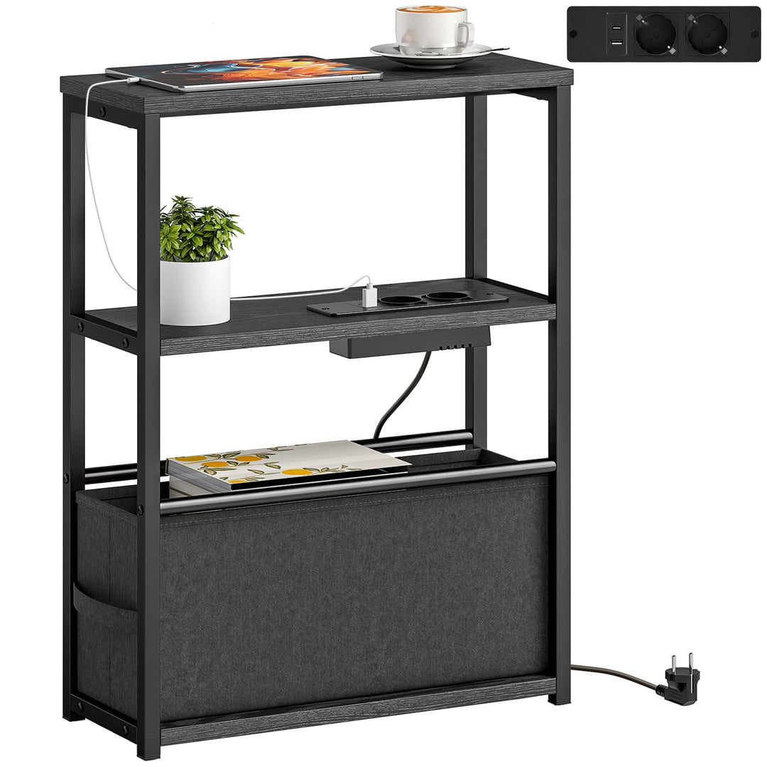 HOMCOM Beistelltisch schmal mit Steckdosenleiste USB &amp; Type-C, Nachttisch mit 2 Ablage, Stoffschubla