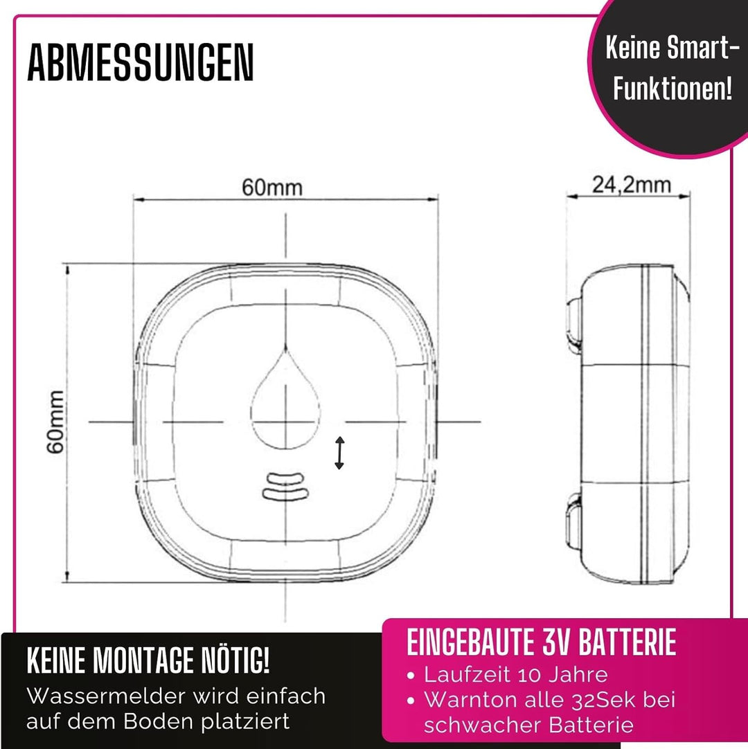 3er Set GS153 Wassermelder mit Batterie 60x60x24,2 mm | Wassersensor mit 85dB Alarm | Wasseralarm Me