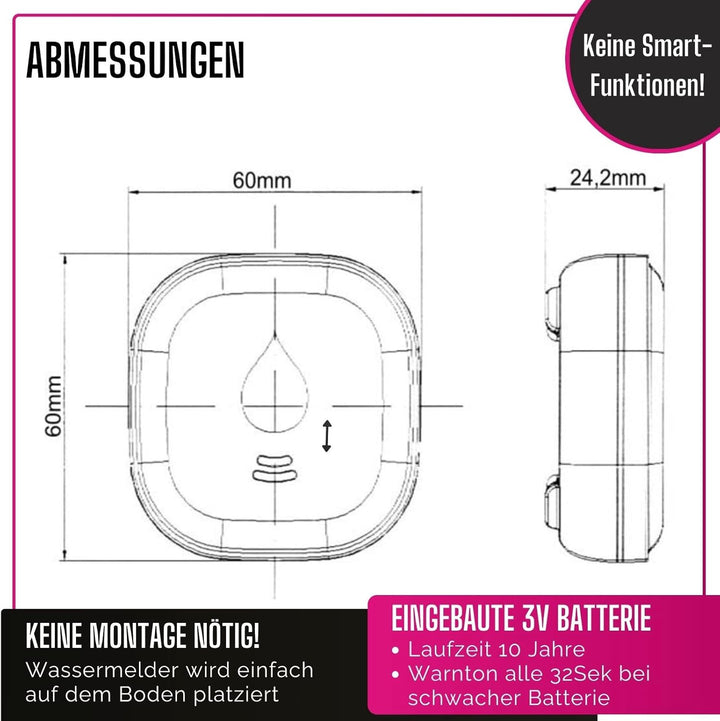 Summit Digital 2er Set GS153 Wassermelder mit Batterie 60x60x24,2 mm | Wassersensor mit 85dB Alarm |