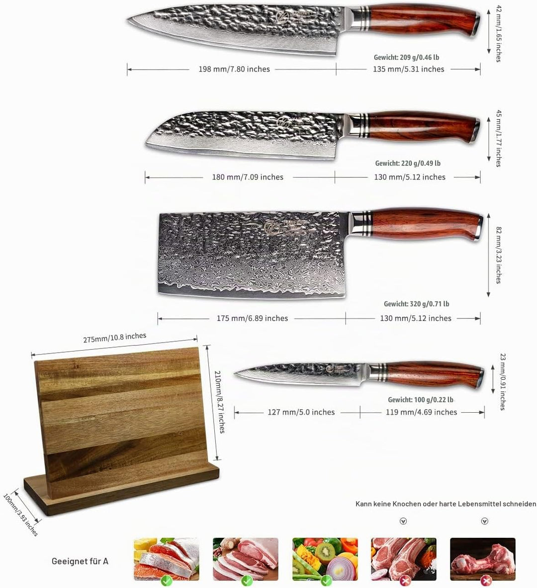 YARENH Damastmesser Set 5 er, Scharfe Messer aus 73 Lagen Damaststahl Klinge und Holzgriff, Messer S