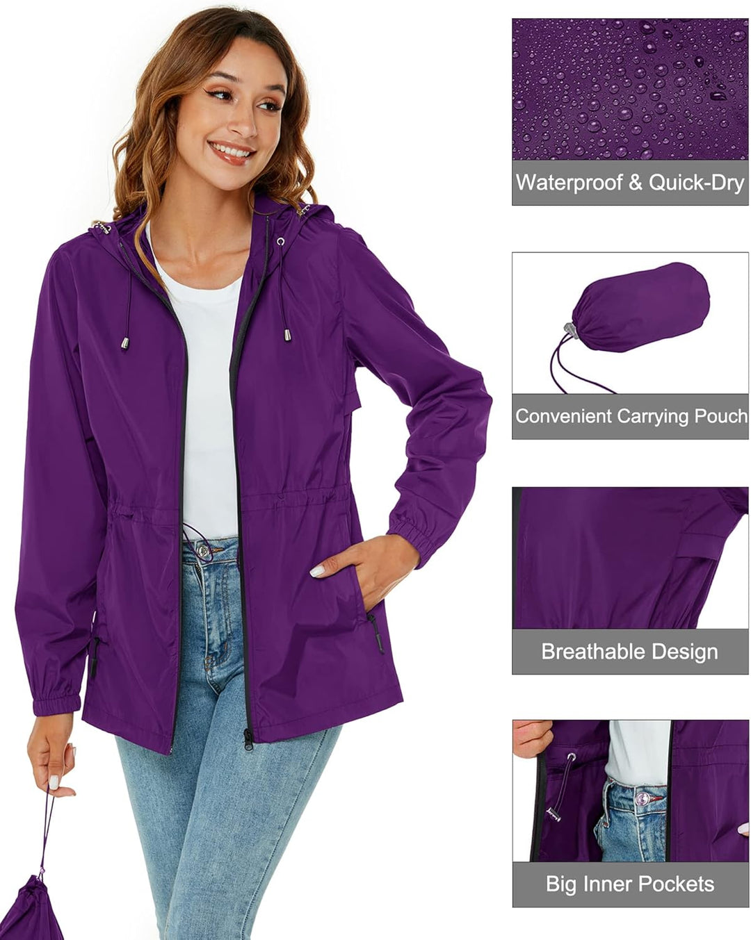 Rapbin Regenjacke Damen Wasserdicht Atmungsaktiv Leicht Outdoorjacke Windbreaker Packbare Regenmante