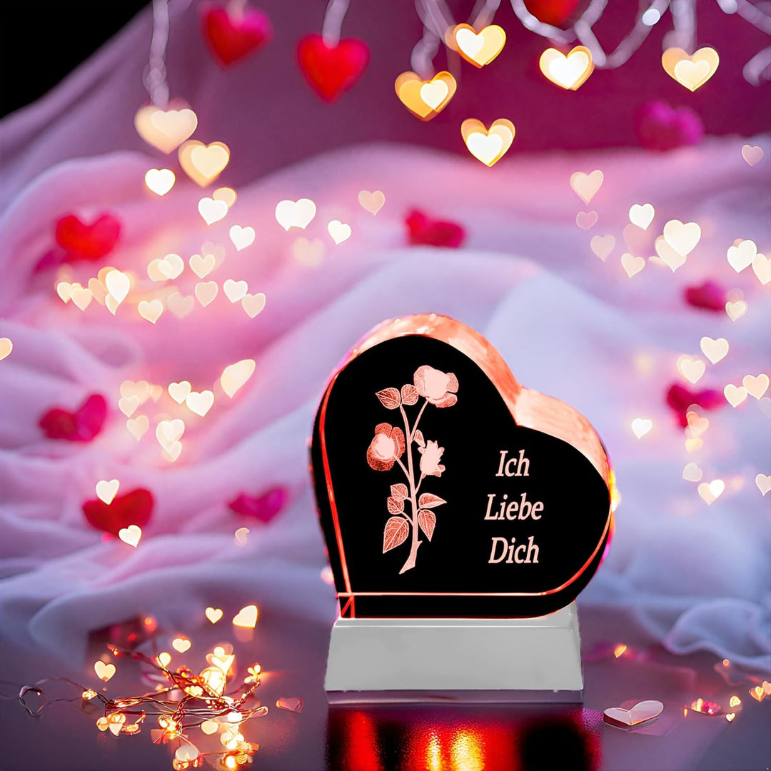 Kaltner Präsente Geschenkidee – Herz aus Glas: Kristallglas mit 3D-Laser-Gravur Rose - Ich Liebe Dic