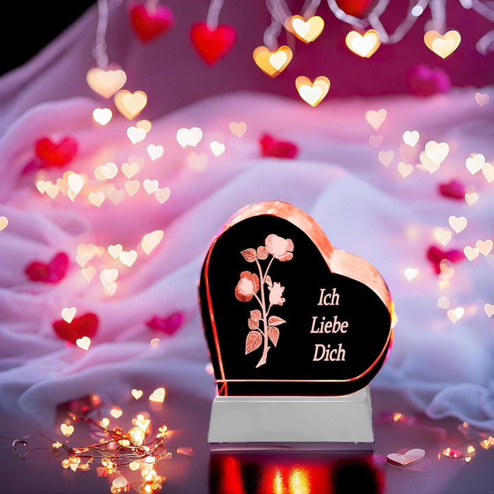 Kaltner Präsente Geschenkidee – Herz aus Glas: Kristallglas mit 3D-Laser-Gravur Rose - Ich Liebe Dic