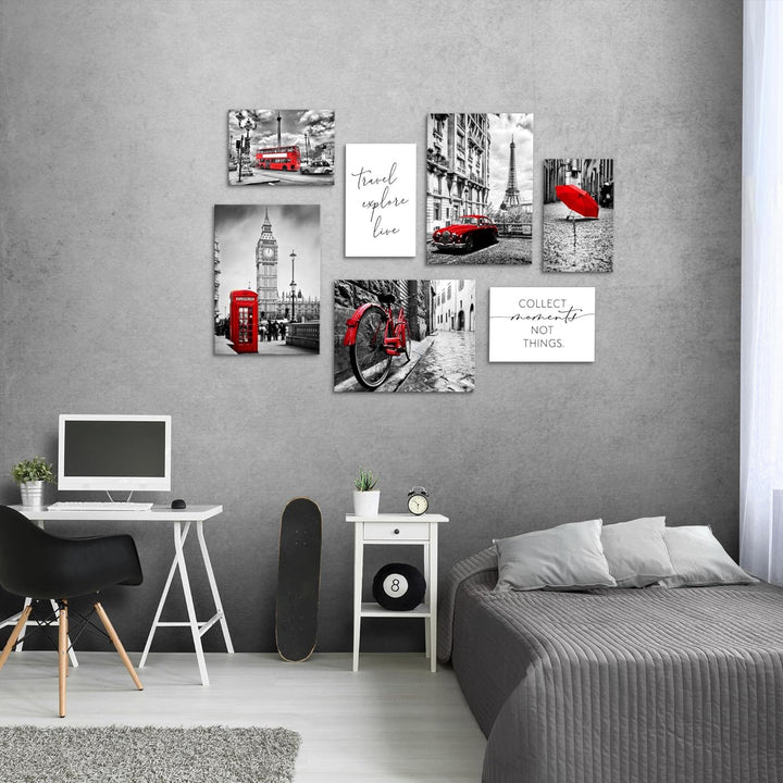 Novart Wandbilder London Paris Städte - KOMPLETT AUFHÄNGFERTIG - Schwarz Rot Wohnzimmer Schlafzimmer