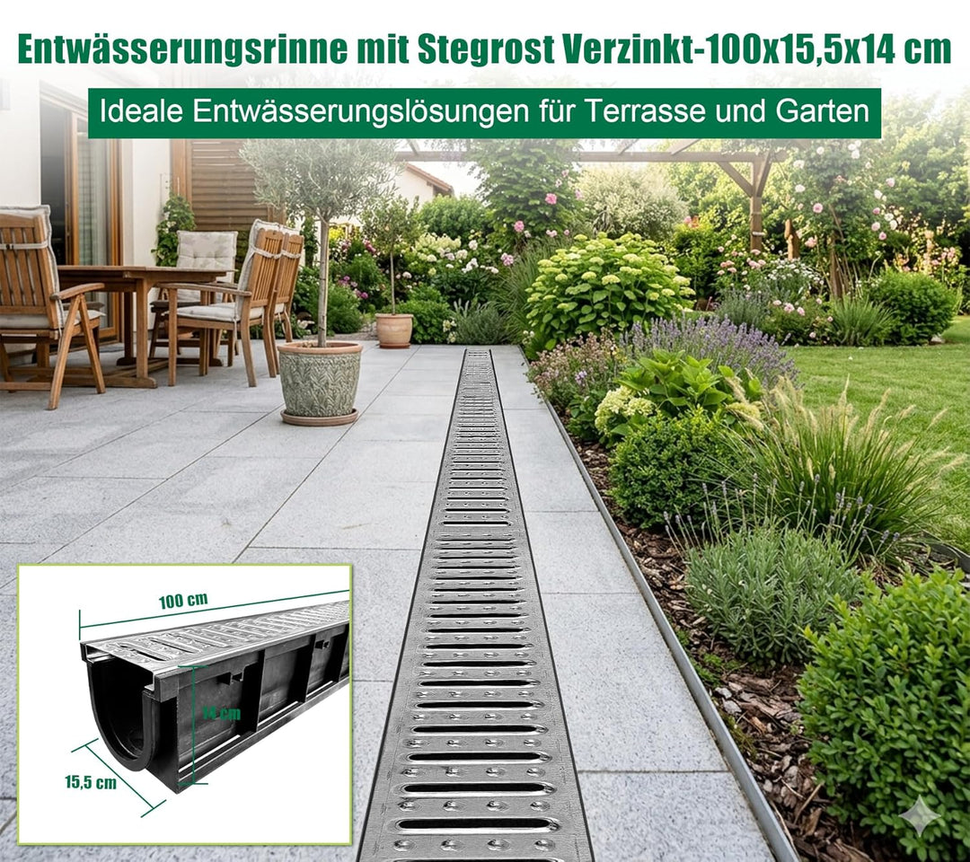 1m Set Entwässerungsrinne mit Abdeckrost aus Stahl Verzinkt - Aussenmass 1000 x 155 x 140 mm - Boden