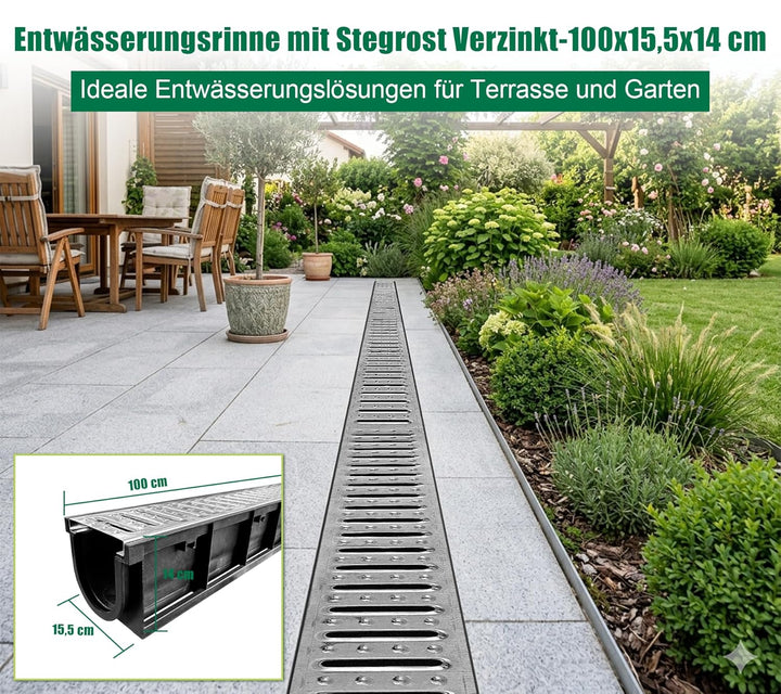 1m Set Entwässerungsrinne mit Abdeckrost aus Stahl Verzinkt - Aussenmass 1000 x 155 x 140 mm - Boden