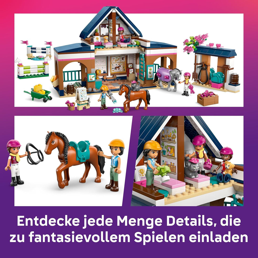 LEGO Friends Pferdestall und Reitschule - Lern-Spielset mit 3 Mini Puppen, 2 Pferdefiguren, einem Hu