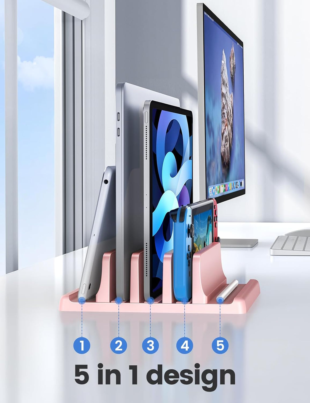 VAYDEER Vertikaler Laptopständer - Platzsparend & Verstellbar, 5-in-1, 3 Steckplätze, für MacBook, N