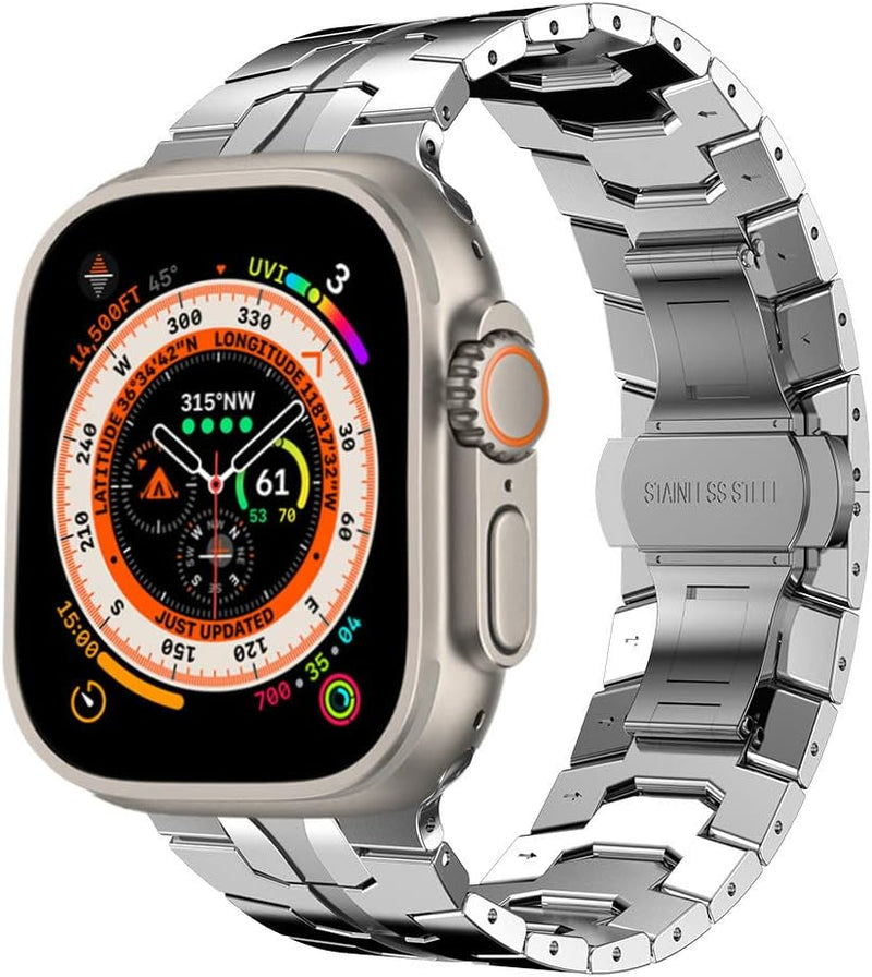 Miimall Kompatibel mit Apple Watch Ultra/Ultra 2 Armband 49mm, Edelstahl Metall Doppelte Faltschlies