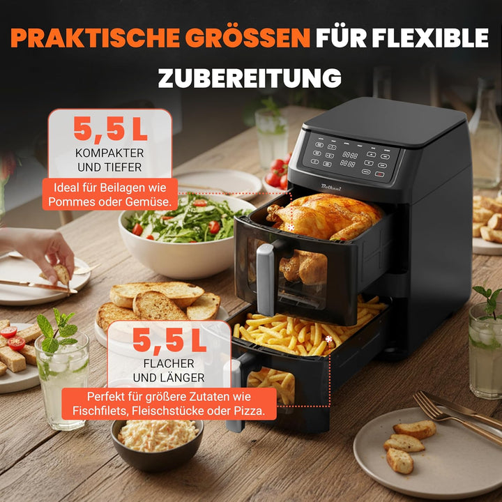 Heissluftfritteuse Doppelkammer XXL 11L | Double Stack Air Fryer 2 Kammern übereinander | 2500W Dual