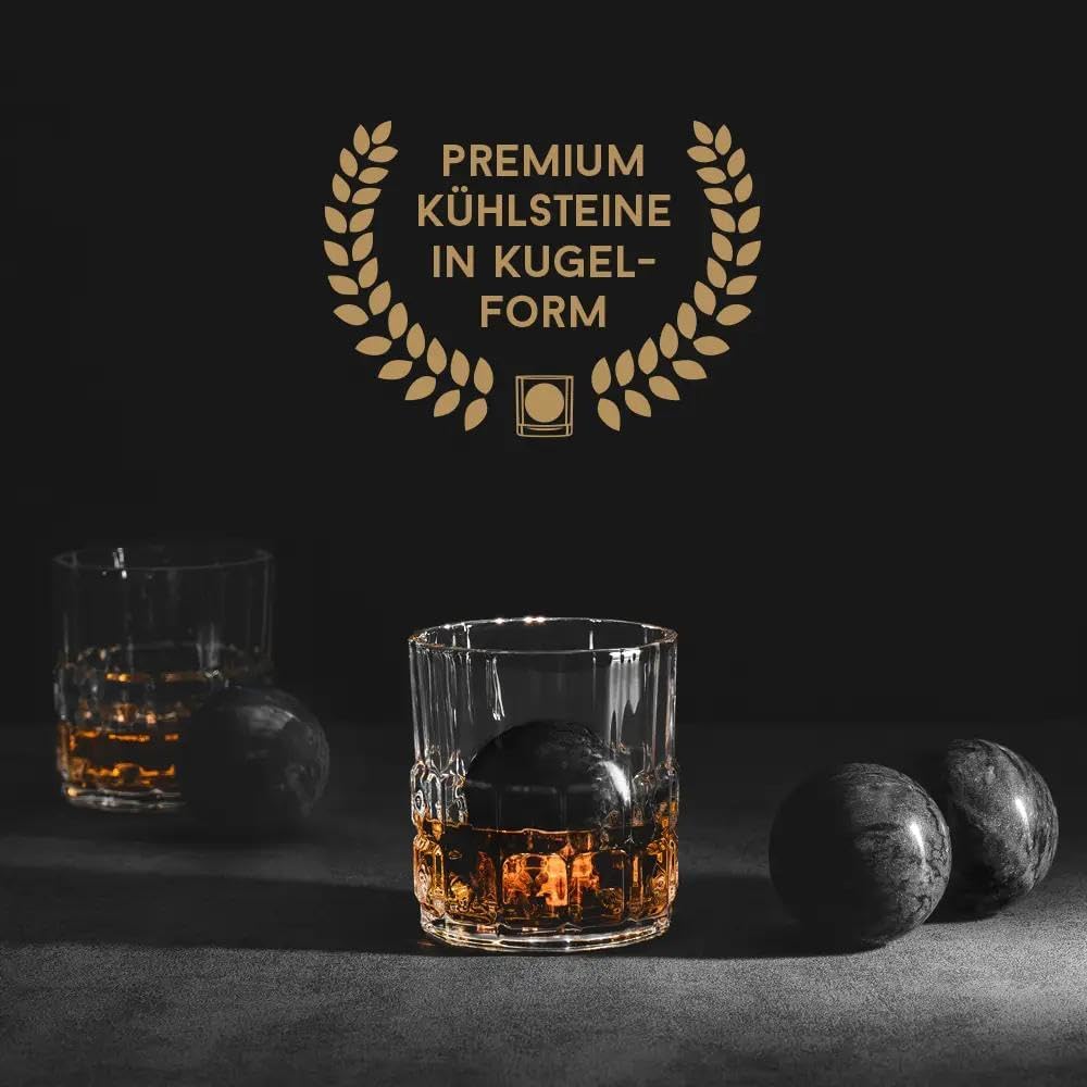 B'ROCKS Premium Kühlsteine | Whisky Steine Set | Geschenkset 4 Granit Steinkugeln 5cm Ø mit 2 Tumble